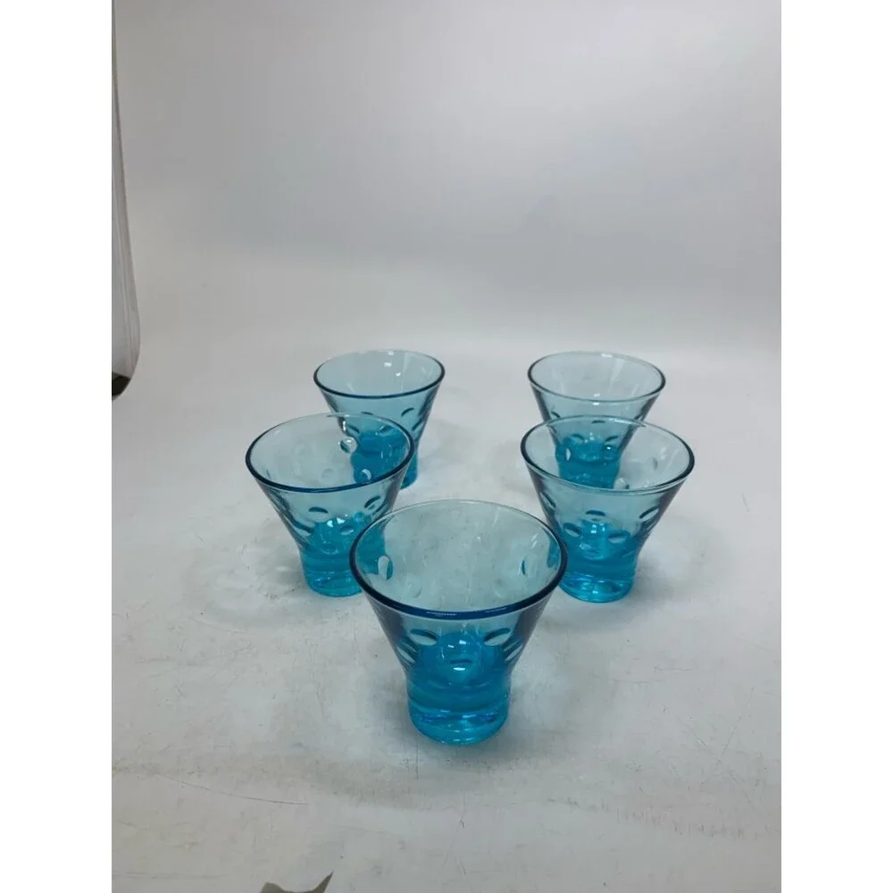 5 VTG FOOTED LIGHT BLUE CORDIAL GLASSES W/ EMBOSSED CIRCLES 3